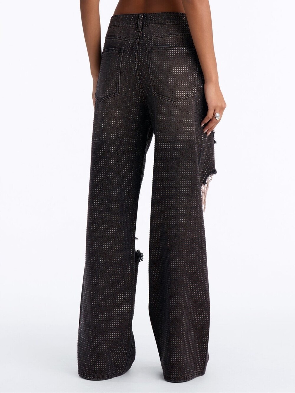 Show Off Rhinestone Embellished Ripped Wide Leg Jeans - Brown - Picture 5 of 5